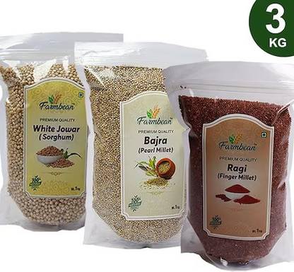Farmbean Millets Combo 3 KG|Natural Grains Millets |White Jowar 1Kg, Bajra 1Kg, Ragi 1kg Mixed Millet