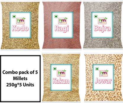Hubmeal Combo Pack of 5 Millets ( Ragi + Kangani +Jowar + Bajra + Kodo Brown) 250g Each Mixed Millet