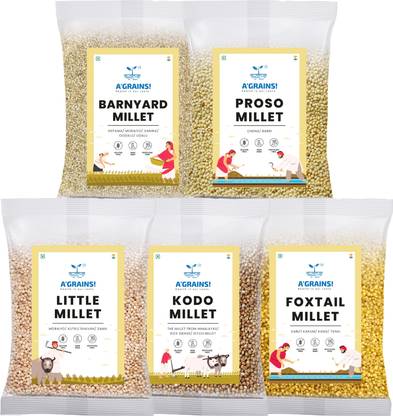 A'GRAINS! Combo Pack of 5, Unpolished Millets,Foxtail, Kodo, Barnyard, Little, Proso Mixed Millet