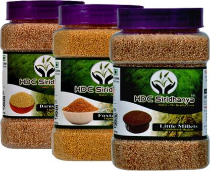 HDC SIRIDHANYA (Unpolished & Organic) Natural Grains Combo Pack of 3 | Barnyard millets 1kg, Foxtail millets, 1 kg, Little millets 1kg, Nutrient Powerhouse, High Protein & 100% more Fibre than Rice Barnyard Millet