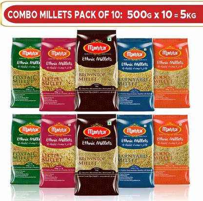 Manna Millets 5Kg Combo Pack of 10 (With Browntop) | Natural Grains | Browntop 1kg, Little 1kg, Kodo 1kg, Foxtail 1kg, Barnyard 1kg | Low GI Rice | Nutrient Powerhouse, High Protein & More Fibre than Rice Mixed Millet