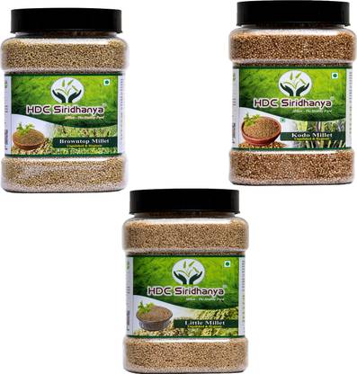 HDC SIRIDHANYA (Unpolished & Organic) Natural Grains Combo Pack of 3 | Kodo millets 1kg, Browntop millets, 1 kg, Little millets 1kg, Nutrient Powerhouse, High Protein & 100% more Fibre than Rice Kodo Millet