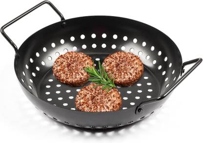 Gyanadh Grill Topper Pan Cast Iron BBQ Grill Accessories Outdoor Grill Pans Round Glider Rack Grill