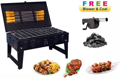 Sanskruti Chul Briefcase Barbeque Grill Charcoal Large Outdoor with Wooden Handle Set (Black) Glider Rack Grill