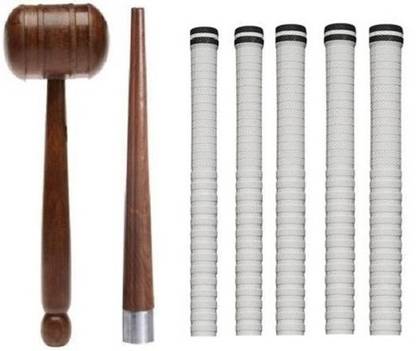 Fitdex 1-Cricket Bat Knocking Hammer, 1-Wooden Cone, 5-White Grip, Wooden Bat Mallet