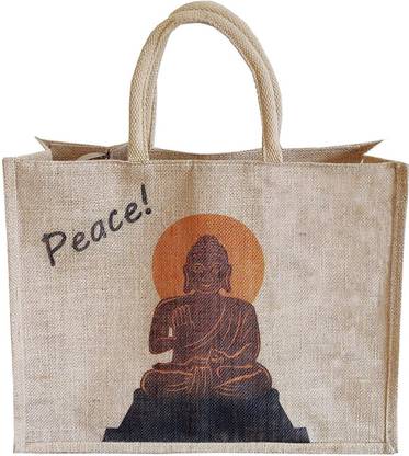 Sangra Fashion Peace Printed Unisex Jute Tote Bag | Multipurpose Lunch Bag | Beach Bag | Shopping Bag | Grocery Bag with Zipper and Small Pouch Grocery Bag