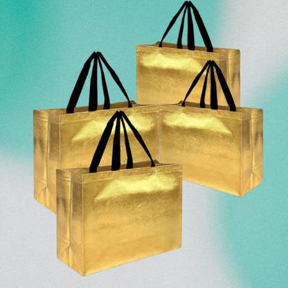 Koogly Gold Gift Bags With Glossy Finish & Black Handles - Goodie Bags Pack of 4 Grocery Bags