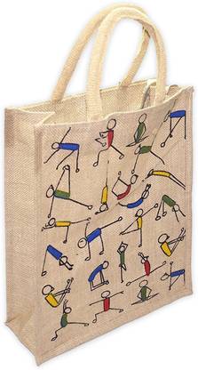 STORITE Eco-Friendly Jute Bag, Yoga Printed Tiffin/Shopping Bag with Zip & Handle- Grocery Bag
