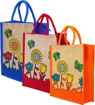 SB Printed Eco-friendly Flower Printed Jute Bag, Pack of 3 (SB204P32) Pack of 3 Grocery Bags