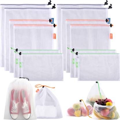Heart Home Reusable Mesh Storage Bag|4-S|4-M|4-L|12 Piece Set|White Pack of 12 Grocery Bags
