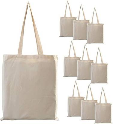 Amrutkala Shopping Cotton Plain Tote Bags 14/16 inch Pack of 10 Grocery Bags