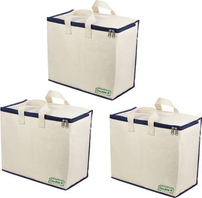 DOUBLE R BAGS Canvas Reinforced Cotton Handles and Thick Base with Multipurpose Storage Organizer and Covers Zip Bag Grocery Bags Pack of 3 Grocery Bags