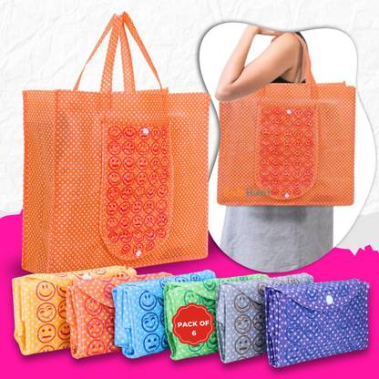 BulkHunt 6 Pcs Foldable Reusable Shopping Bags Emoji Printed Non Woven Bag with Handle Pack of 6 Grocery Bags