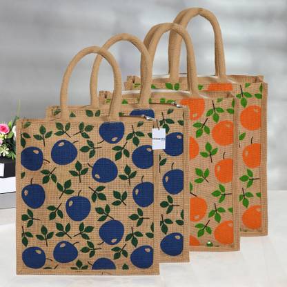 HOMESTIC Jute Carry Grocery Bag with Zip|Shopping Bag with Handle|Pack of 4|Multi Pack of 4 Grocery Bags
