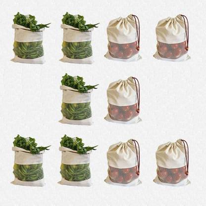FAB ELLITE Cotton Vegetable container Bag Kitchen reusable Storage Pouch for FridgeWashable Pack of 10 Grocery Bags