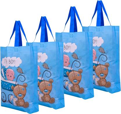 KUBER INDUSTRIES Reusable Boy-Print Shopping Bag With Handle|Baby Shower Bag|Pack of 4|Sky Blue Pack of 4 Grocery Bags