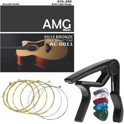 AMG Music Acoustic Guitar String with Metal Alloy Guitar Capo Full Set of 6 Acoustic Guitar Strings Guitar String
