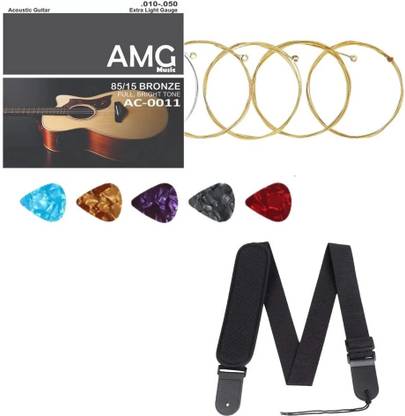 AMG Music Acoustic Adjustable Guitar Strap with Replacement Acoustic Guitar String & 5 Picks Guitar String