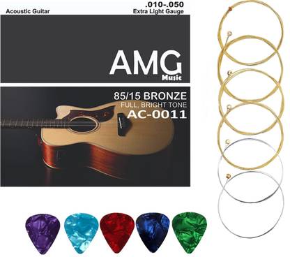 AMG Music Acoustic Guitar String for Acoustic Guitar Light Stainless Steel String Set 6 WITH NORMAL BRIGHT TONE Guitar String For Acoustic Guitar Guitar String Set with picks( Set of 6 ) Guitar String