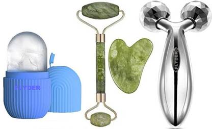 FLYDER Face ice roller,Jade Roller & Gua Sha 100% Natural Stone with 3D Massager.