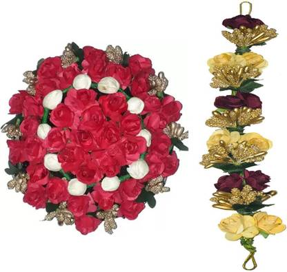 GadinFashion ™ Full Juda Bun Hair Flower Artificial flower gajra and Multi Color gajra Combo for Wedding and Party Bun