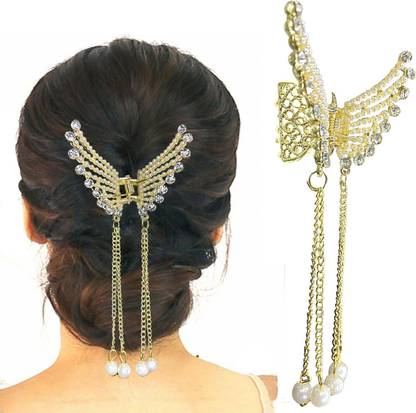 पी एम डब्लू Metal Pearl Stone Butterfly Hair Clip for Style & Decoration
