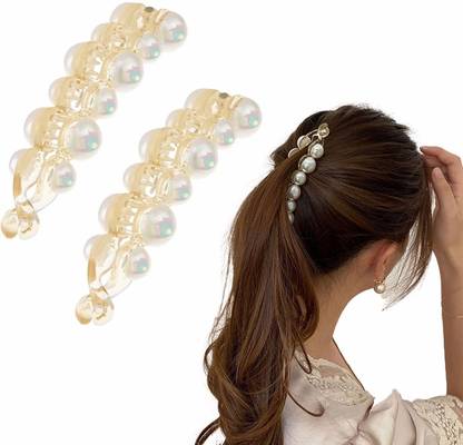 Sparkling Dazzle 2Pcs Korean Pearl Banana Hair Clips French Accessories for Women & Girls Banana Clip