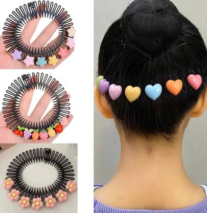 OLLIVOO 3 Pc Random- 360 Degree Cartoon Hair Comb Star Heart and Floral Design Circular Bun Clip
