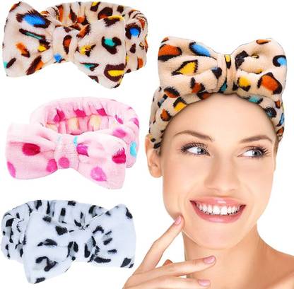 MANODHRUVA 3pcs Professional Facial Headband for Girls, Bowtie Polka Dot Design, Multicolor Head Band