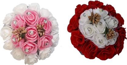 AROOMAN Gajra Hair Bun Decoration Full Bun Gajra For Women white with pink & Red combo Bun