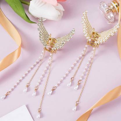 Trendy Club Pearl Butterfly Metal Hair Clutcher Hair Claw Clips for Women Pack of 2 Hair Claw