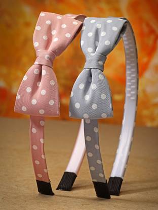 stol'n Set Of 2 Bow Designed Polka Dot printed Hair Bands - Pink & Grey Hair Band