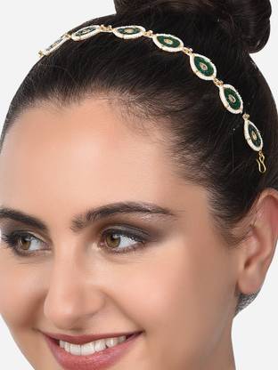 Zaveri Pearls Green Teardrop Shape Kundan & Pearls Bridal Head Chain Hair Band