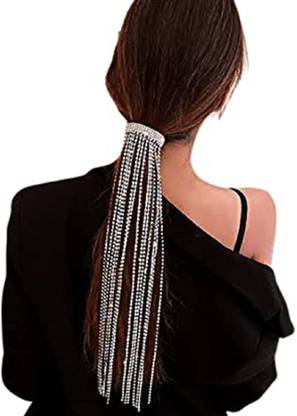 Rubela SILVER Hair Clips For Women With Long Drop Stones Chain Back Pin