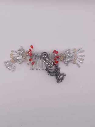 Satrangi PEARLS Vintage Silver Hair Comb with Red Crystal Beads, Jhumka Design Hair Pin