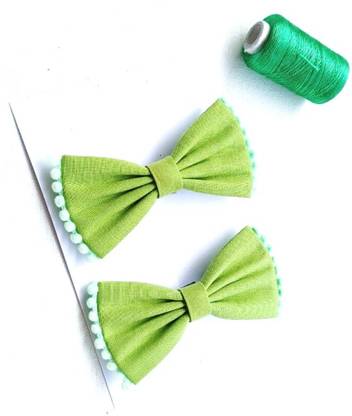 LuvSaa Essentials Pom Pom Petit-Green Fabric Bow|HANDCRAFTED|make beautiful hairstyles. Back Pin