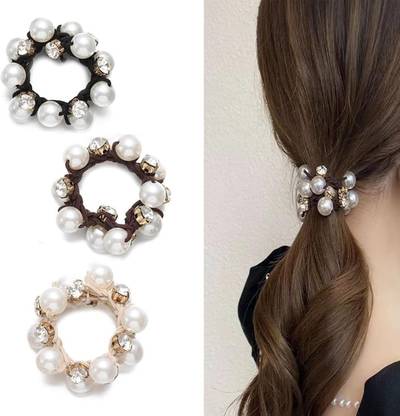 OLLIVOO 3 Pearl & Crystal RhineStone scrunchies, Rubber Band , Hair Ties , Ponytail Rubber Band
