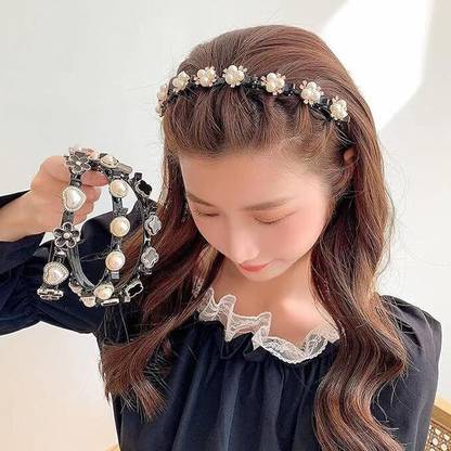 DeeKay Braided Double Layer Plait Plastic Headband Flower Alligator Clips Hair Band