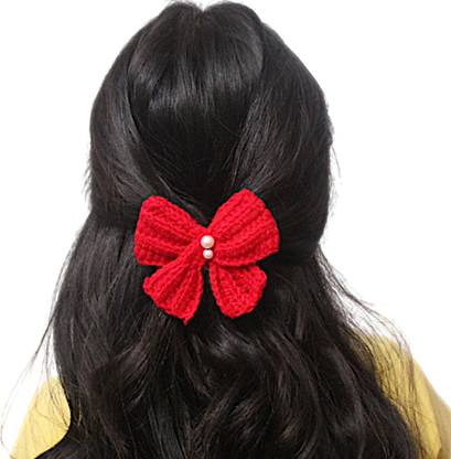 Laveni Creations Handmade Red Woolen Crochet Hair Bow with Alligator Clip Hair Clip