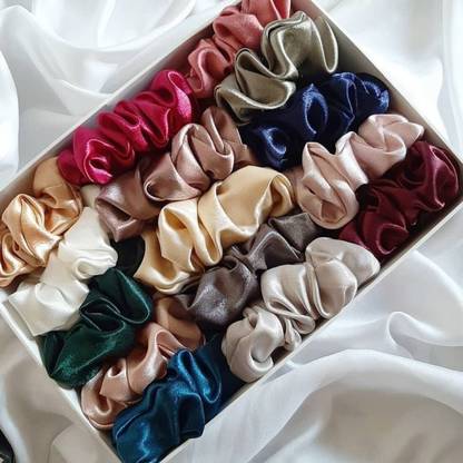 A ONE STAR Pure Silk Scrunchies Hair Tie Elastic Large Hair Bands Set of 15 pcs Rubber Band