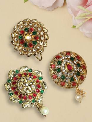 ANOUK Combo of 3 Red Maroon & Green Stones Ethnic Hair Bun Pin - Juda Pin Bun Clip