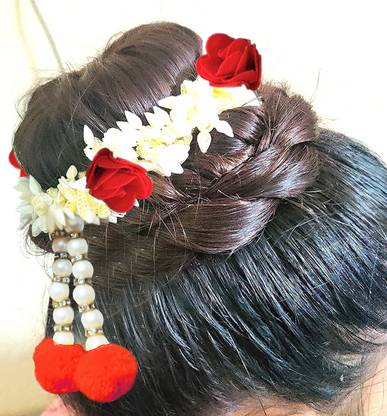 FASHNITY White Mogra Red Rose Gajra with Latkan Bun