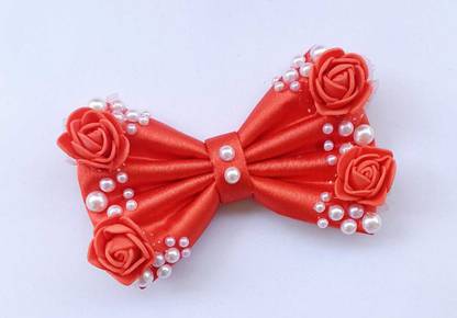 LuvSaa Essentials Floral Pearl Bow - Red|Set of 1|make beautiful hairstyles|35 grams Back Pin