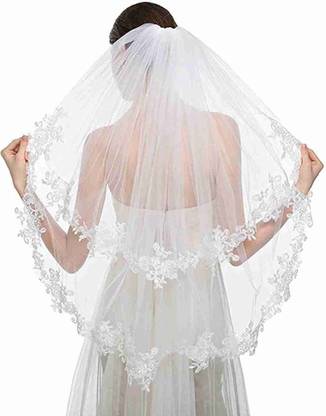 Unique bridal Short veil 2 Layers 1.5 Meter Cathedral Lace Bridal Veil with Hair Side Comb (Ivory) Head Band