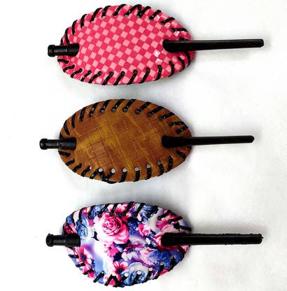 S Mark Smark Classic Random Design Oval Bun Cover Pin Thru Hair Barrette Clip with Stick (Random Color) -Pack of 3 Hair Clip
