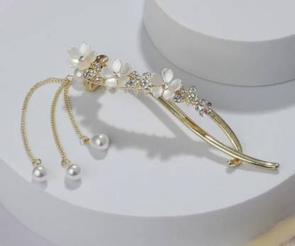 ASG 1Pcs White Floral Crystals & Pearl Studded Tasselled Twist Banana Claw Clip Banana Clip