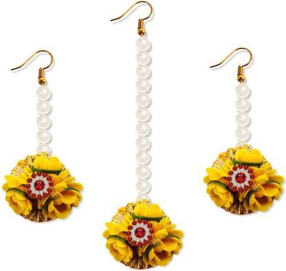 Adhvik Floral Stone Gota Patti Mehandi Haldi Earrings and Maang Tika Hair Accessory Set