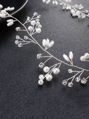 YELLOW CHIMES White Crystal-Studded Floral Fashionable Hair Vine for Woman & Girls Hair Accessory Set