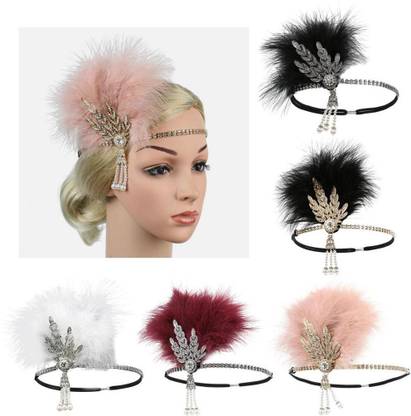 BNF 1920s Feather Headband Flapper Headpiece Fancy Headdress Fascinator Black Silver Head Band