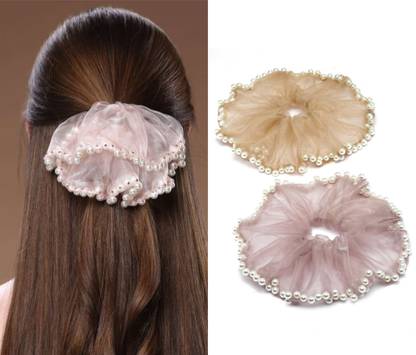 OLLIVOO 2 Pc Fancy Party Big Size Scrunchies with Pearl Moti For Girls and Women Rubber Band
